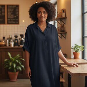 Shirt dress - Collared button up shirt style navy blue dress
